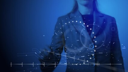 A woman touches a point with her hand on a transparent screen on which various geometric shapes and lines move. Physical and mathematical footage. Cg