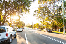 Parked Cars On The Side Of A Newcastle Road With Sun Flare Through Gum Trees