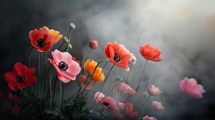 Beautiful red, orange, pink anemone flowers in the fog on a dark background