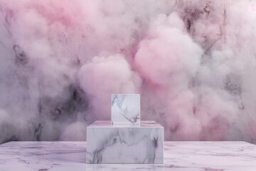 Poster - Natural beauty podium backdrop featuring an empty cube box for displaying cosmetic products