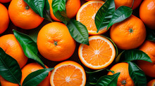 Fresh Oranges With Vibrant Green Leaves Close Up Brochure Advertising Content For Healthy Vegan Food Juicy Background