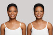 Cheerful smiling healthy young woman and senior women smiling on white background. Aging, cosmetology, plastic surgery and retouching before and after concept