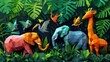 Abstract low poly background features geometric animals in vibrant ecosystem