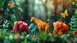 Abstract low poly background featuring geometric animals in vibrant ecosystem