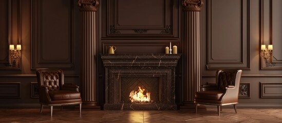 Wall Mural - Luxurious brown fireplace with decorative columns and lattice design, vintage home mantel with burning fire.