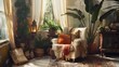 Boho-Chic Living Room Corner Filled with Global Textiles, Moroccan Lantern and Tropical Plants