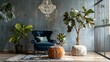 Bohemian Glamour: A Luxurious Living Room Corner adorned with Crystal Chandelier and Faux Fiddle-Leaf Fig