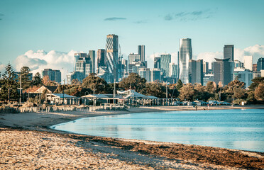 Wall Mural - The view of the coast and beaches in Port Melbourne and the urban skyline of the Melbourne CBD in distance