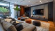 Modern style large bedroom incorporating a wall-mounted TV and a lounge area furnished with a sectional sofa and ottomans