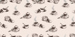 © makar - Hot coffee, cappuccino, cups, muffins croissants on saucers breakfast cafe, morning, hand drawings, seamless pattern, vector background