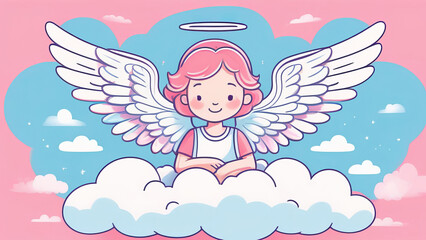 An angel with white wings on a soft cloud, vanilla-pink-blue background color scheme. Little angel girl.