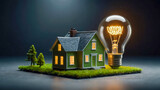 Fototapeta  - House with light bulb on the grass. Real estate concept