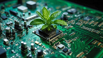 Poster - Green plant growing on circuit board with microchips, close up