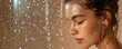 Close up detail of a beautiful woman's body with a perfect glowing wet skin in the shower on a beige background. Aesthetic body moisturiser ad concept banner.