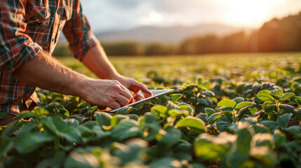 Hands of farmer, Agriculture technology farmer man using tablet Modern technology concept agriculture.