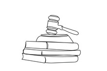 Continuous Line Drawing Of Judges Gavel And Books On Black And White Background. A Single Line Gavel, Judge, Justice .