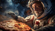 An astronaut in space discovers a large, delicious pizza. Science fiction and everyday life, International Pizza Day