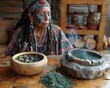 Indigenous elder performing sacred smoking ceremony: respected elder carries out a traditional smoking ritual with herbal medicines