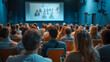 © safu designe - Back view of audience in the conference hall or seminar meeting with large media screen showing video presentation, business and education concept