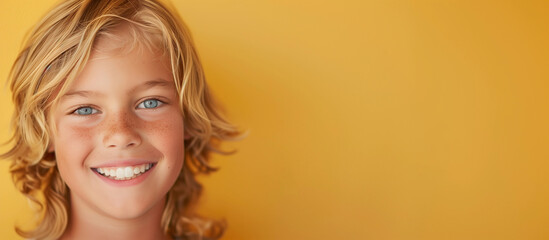 Wall Mural - One happy 10 yr old surfer boy Australian kid long beach blonde mullet hair blue eyes caucasian positive smile bright happiness portrait isolated oral dental health child yellow background copy space