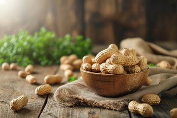 Wall Mural - Wooden bowl of peanuts on table