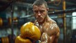 A muscular man training with a heavy bag in a gym, intense focus, sweat glistening, gym environment with various equipment in the background, movement and strength, dramatic lighting