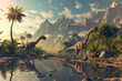 Digital artwork of two dinosaurs beside a lake with mountain backdrop