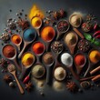 Wooden spoons filled with colored spices