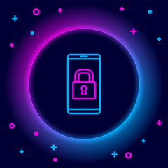 Poster - Glowing neon line Smartphone with closed padlock icon isolated on black background. Phone with lock. Mobile security, safety, protection concept. Colorful outline concept. Vector
