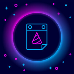 Poster - glowing neon line calendar party icon isolated on black background. event reminder symbol. colorful 