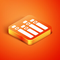 Poster - Isometric Music equalizer icon isolated on orange background. Sound wave. Audio digital equalizer technology, console panel, pulse musical. Vector