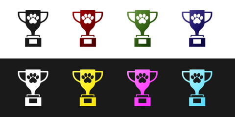 Sticker - Set Pet award symbol icon isolated on black and white background. Medal with dog footprint as pets exhibition winner concept. Vector