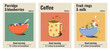 © Elena.K - A set of menu covers, posters with a healthy breakfast: porridge with blueberries, coffee, crispy fruit rings with milk. Vector illustration in retro style of the 50s, 60s-70s.