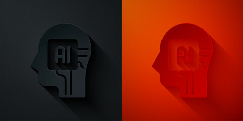 Poster - Paper cut Humanoid robot icon isolated on black and red background. Artificial intelligence, machine learning, cloud computing. Paper art style. Vector