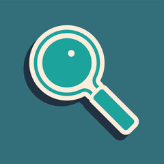 Poster - Green Magnifying glass icon isolated on green background. Search, focus, zoom, business symbol. Long shadow style. Vector