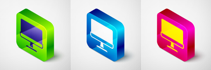 Poster - Isometric Computer monitor screen icon isolated on grey background. Electronic device. Front view. Square button. Vector