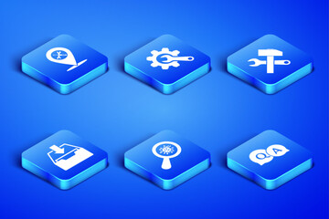 Poster - Set Question and Answer, Location service, Microorganisms under magnifier, Download inbox, Wrench gear and Crossed hammer wrench icon. Vector