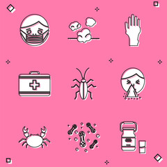 Poster - Set Face in protective mask, Dust, Hand with psoriasis or eczema, First aid kit, Cockroach, Handkerchief to his runny nose, Crab and Bacteria icon. Vector