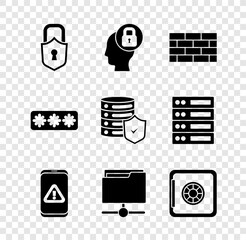 Poster - set lock, human head with lock, firewall, security wall, mobile exclamation mark, ftp folder, safe, 
