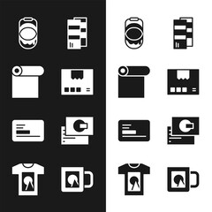 Sticker - Set Carton cardboard box, Roll of paper, Paint bucket, Pantone, Business, Coffee cup and T-shirt icon. Vector