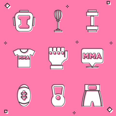 Sticker - Set Boxing helmet, Punching bag, Dumbbell, T-shirt with fight club MMA, glove, Fight, American Football ball and Kettlebell icon. Vector