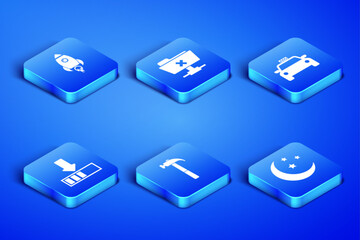 Poster - Set Moon and stars, Rocket ship with fire, Hammer, Loading, FTP cancel operation and Taxi car icon. Vector