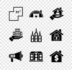 Poster - Set House plan, Warehouse, Realtor, Megaphone, with dollar symbol, Skyscraper and icon. Vector