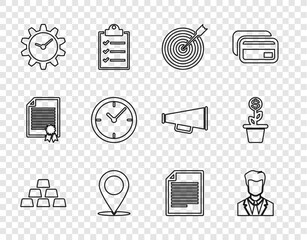 Poster - Set line Gold bars, User of man in business suit, Target with arrow, Map pin, Time Management, Clock, Document and Dollar plant the pot icon. Vector