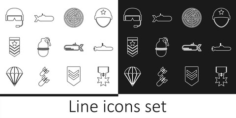 Sticker - Set line Military reward medal, Submarine, Radar with targets, Hand grenade, Chevron, helmet, and icon. Vector