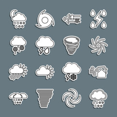 Poster - Set line Cloud with snow and rain, Tornado swirl, Wind, lightning, snow, moon and icon. Vector