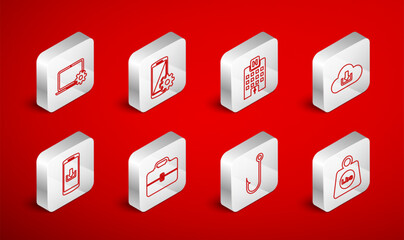 Poster - Set line Weight pounds, Setting on smartphone, Medical hospital building, Cloud download, Fishing hook, Laptop and gear, Toolbox and Smartphone with icon. Vector
