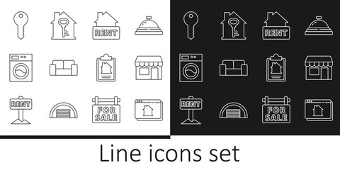 Wall Mural - Set line Online real estate house, Market store, Hanging sign with Rent, Sofa, Washer, House key, contract and icon. Vector