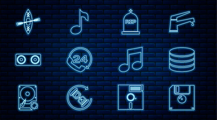 Poster - set line floppy disk, database, tombstone with rip written, telephone 24 hours support, stereo speak