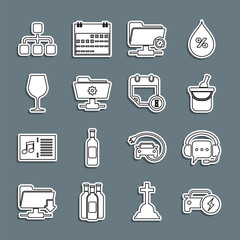 Poster - Set line Electric car, Headphones with speech bubble, Bottle of wine in bucket, FTP sync refresh, settings folder, Wine glass, Hierarchy organogram chart and Calendar and clock icon. Vector